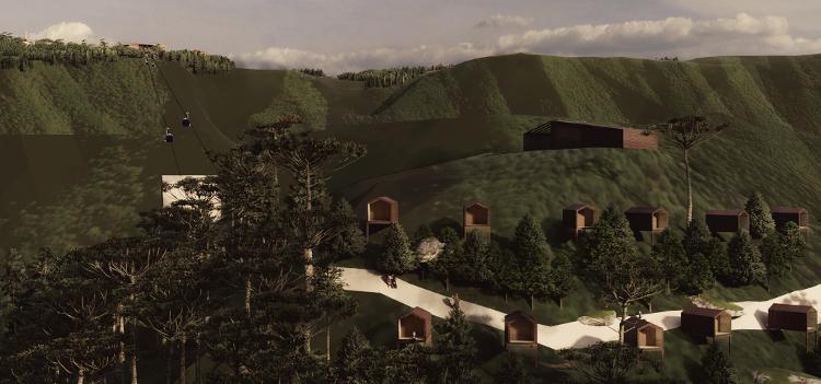 No projeto, uma nova área de lazer, com acesso via bondinho, abrigaria cabanas e restaurante - Divulgação - Divulgação