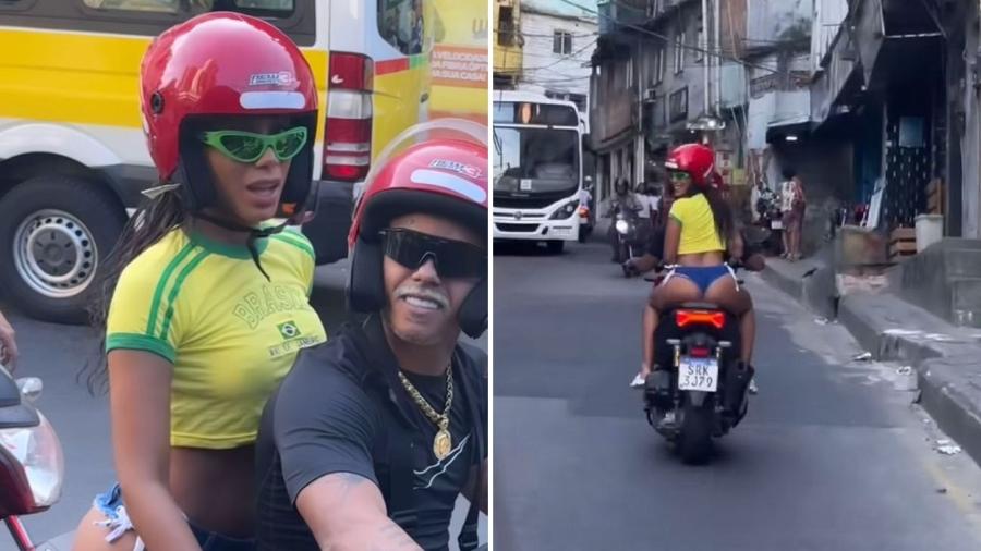 Anitta anda de moto em favela no Rio em dia de sol 