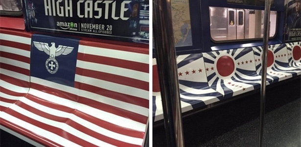 Internauta mostra imagens de campanha da HBO no metrô de Nova York, usando símbolo nazista e a bandeira do Japão imperial - Reprodução/Twitter/byKatherineLam