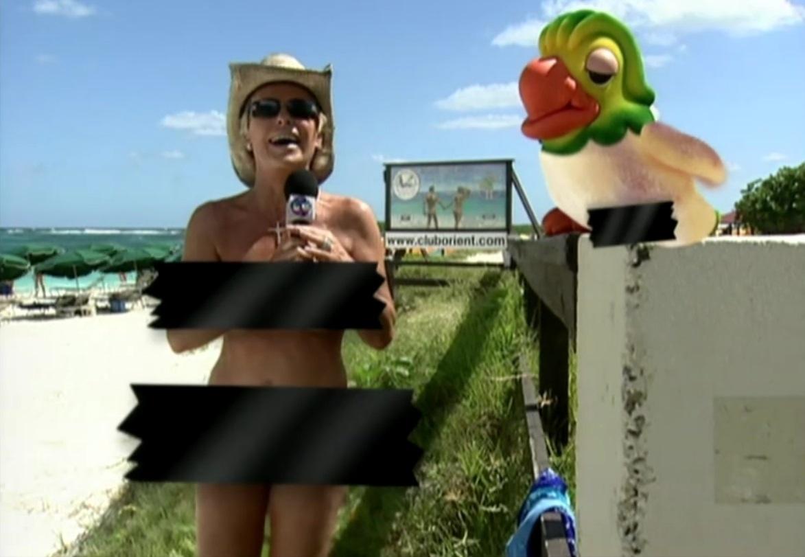 Até Ana Maria Braga se rendeu à nudez na TV! A apresentadora gravou uma reportagem em uma praia de nudismo no Caribe e apareceu no "Mais Você" sem roupa, para desespero de Louro José, que também ficou peladão. - Reprodução/TV Globo