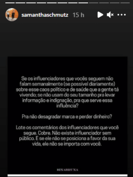 Samantha Schmütz compartilhou post criticando postura de influenciadores - Reprodução/Instagram - Reprodução/Instagram
