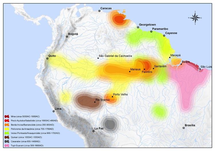 No mapa acima, as áreas onde estão concentrados os diversos complexos cerâmicos da Pan-Amazônia