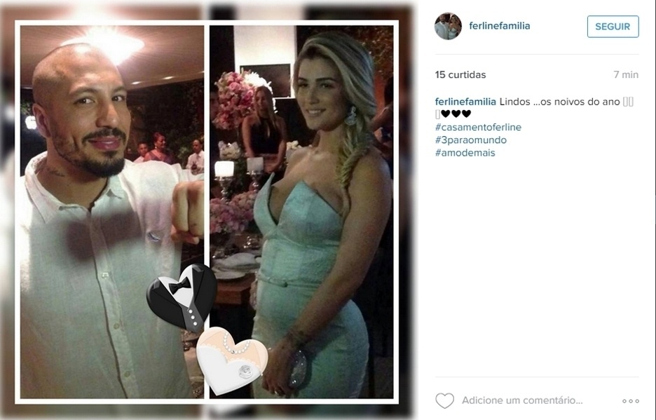 14.out.2015 - Fernando Medeiros e Aline Gotschalg trocaram as alianças na noite desta quarta-feira em uma cerimônia só para convidados íntimos. Aline usou um vestido decotado e justinho, que evidenciou sua barriguinha de gravidez. Fernando escolheu um look menos tradicional e optou por camisa social branca - Reprodução/Instagram ferlinefamilia