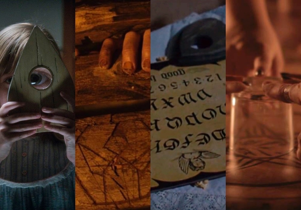 Cenas dos filmes "Ouija: Origem do Mal" (2016), de Mike Flanagan, "O Diabo Mora Aqui" (2015), de Rodrigo Gasparini e Dante Vescio, "Espírito Assassino" (1986), de Kevin Tenney e "Jogo do Copo" (2014), de Amanda Maya - Reprodução/Montagem