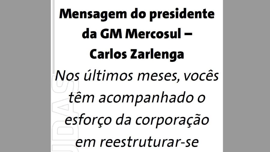 Mensagem do presidente da GM Mercosul, Carlos Zarlenga, enviada a funcionários na sexta-feira (18/01/2019) - Reprodução