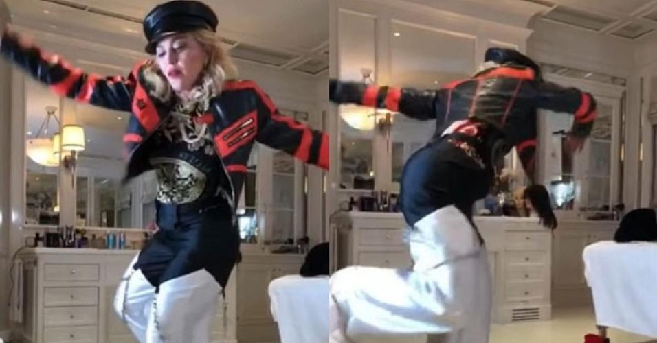 Madonna dançando em uma perna só