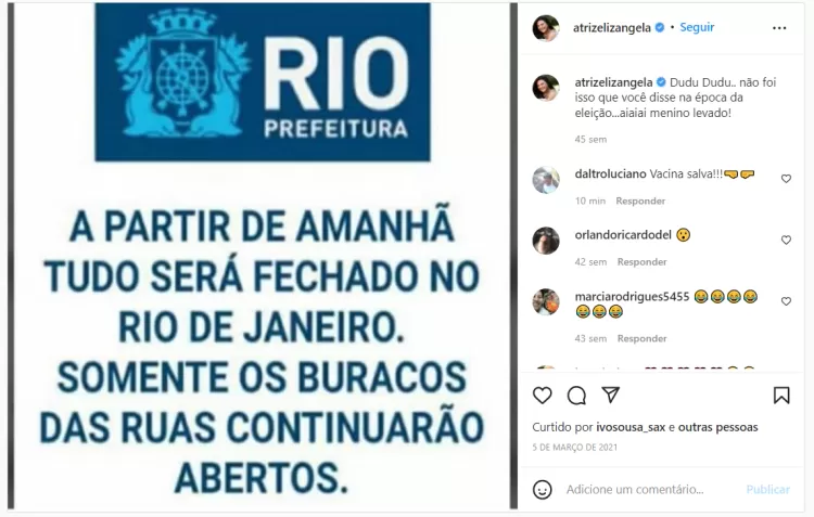 Publicação em que Elizangela zomba das medidas restritivas no Rio de Janeiro - Reprodução/Instagram - Reprodução/Instagram