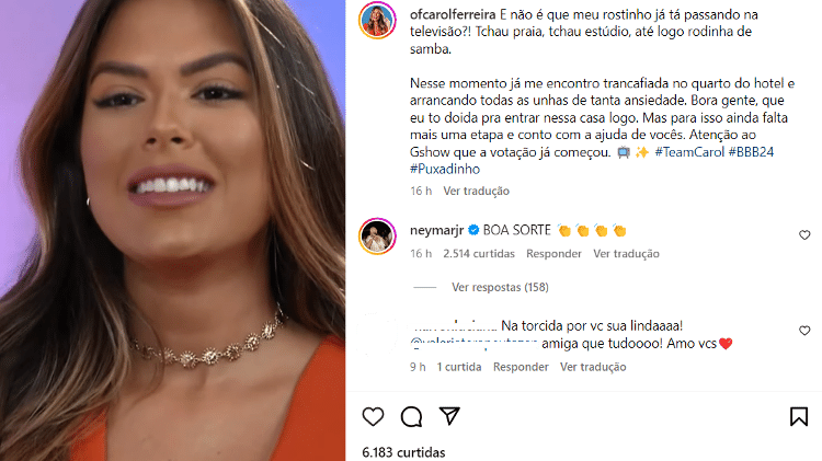 BBB 24: Neymar deixa comentário em foto de Carolina Ferreira