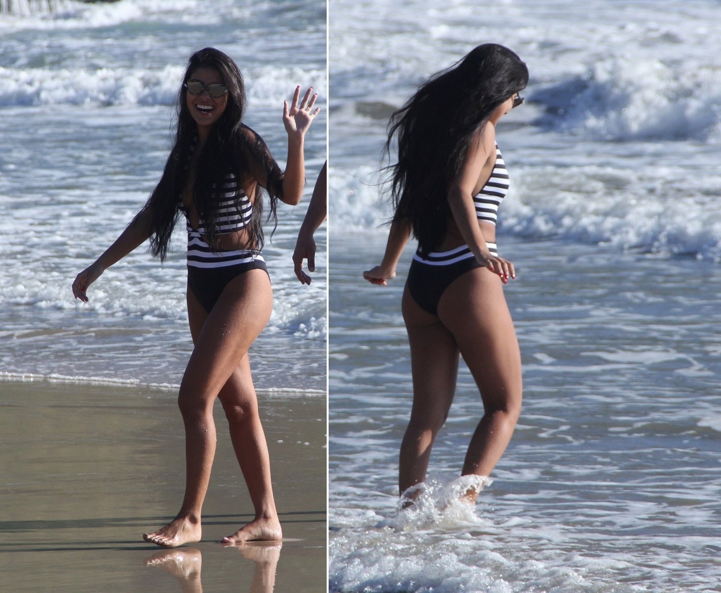 25.abr.2016- Campeã do "BBB16", Munik se refresca no mar da Praia Brava, em Búzios, no Rio de Janeiro. A morena usou um maiô modelo "engana mamãe" - Ag.News