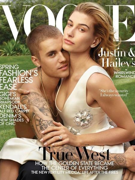 Justin Bieber e Hailey Baldwin na capa da "Vogue" de março - Reprodução