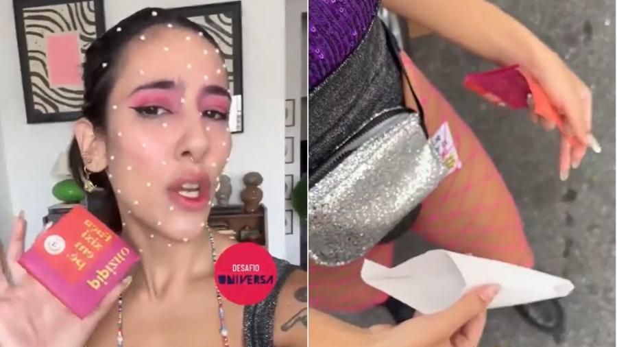 A influencer Flora SMZ aceitou o desafio de Universa e testou um condutor urinário descartável em um bloco de Carnaval. Será que funcionou? - Reprodução/Instagram