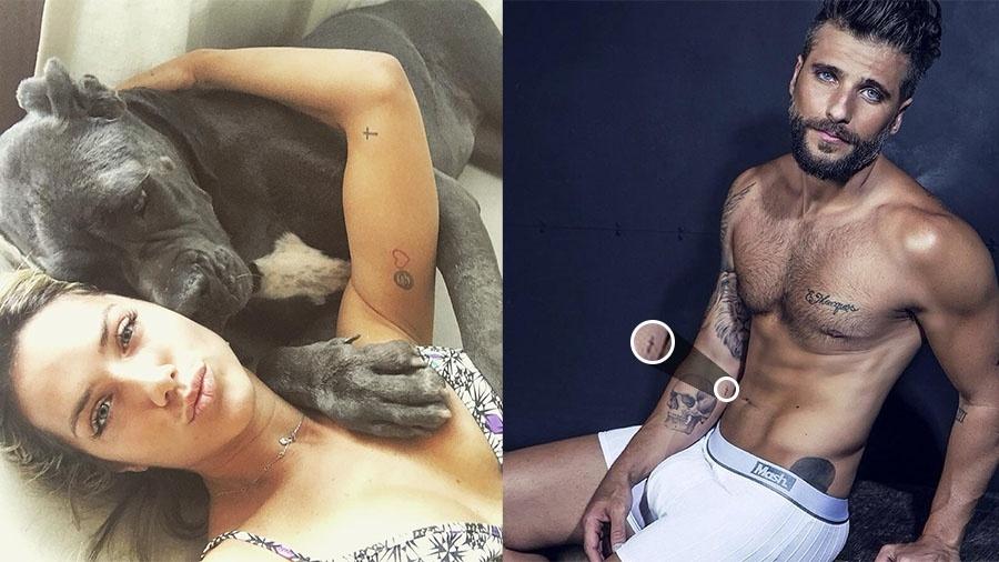 Giovanna Ewbank e Bruno Gagliasso têm pelo menos três desenhos iguais espalhados pelo corpo. Eles fizeram uma delicada cruz no antebraço, o número 13 em algarismos romanos, que representa o dia que eles casaram e um número de sorte para o casal, além de um símbolo da paz em locais diferentes do corpo - Reprodução/Instagram