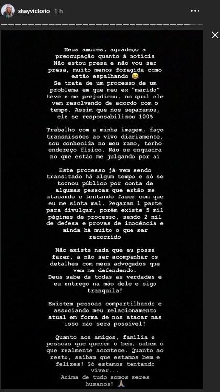 Shay se pronuncia após publicação da nota - Reprodução/Instagranm - Reprodução/Instagranm