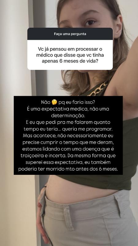 Isabel Veloso respondeu pergunta sobre possível intenção de processar médico