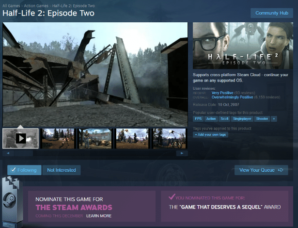 Fãs aproveitaram premiação no Steam para "cobrar" sequência de "Half-Life 2: Episode Two" - Reprodução