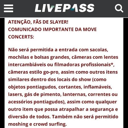 O comunicado da Move Concerts no site da Livepass - Reprodução - Reprodução