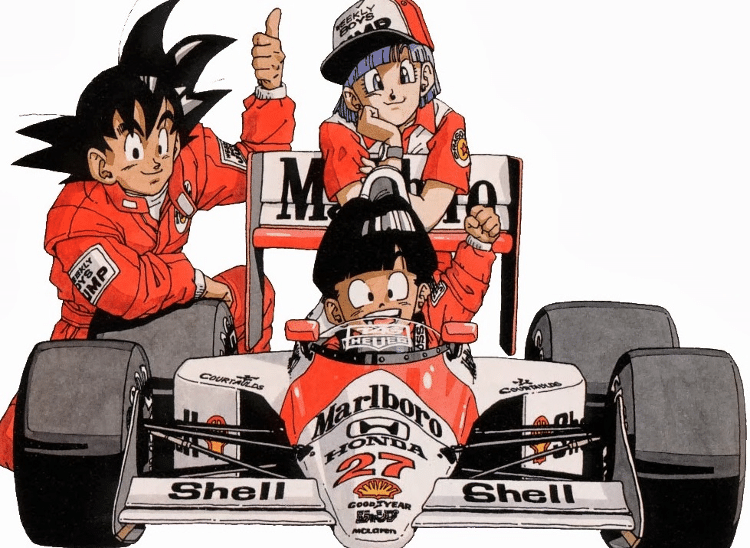 Personagens de "Dragon Ball" pilotando carro de Ayrton Senna