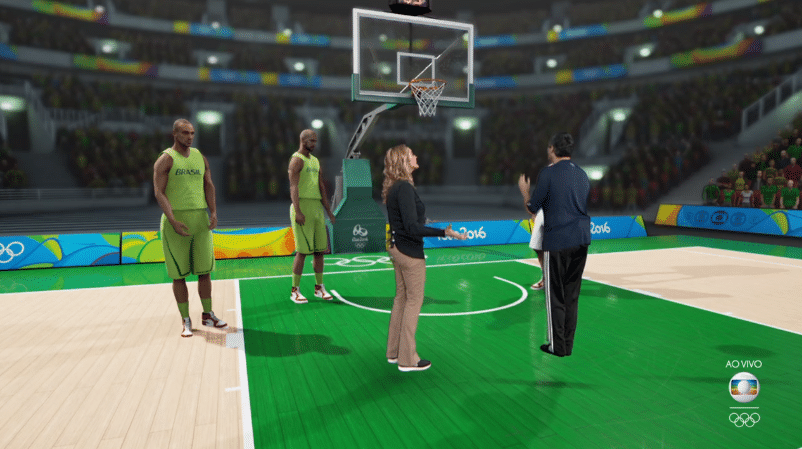 13.ago.2016 - Sem gravata, sem sapato e em clima de Jogos Olímpicos, William Bonner jogou basquete ao lado da ex-jogadora Hortência durante o "Balada Olímpica", na madrugada deste sábado (13) - Reprodução/TV Globo