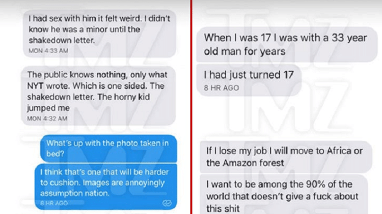 Mensagens de Asia Argento, segundo o TMZ - Reprodução/TMZ - Reprodução/TMZ