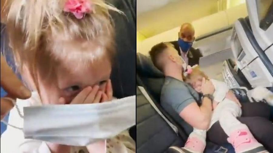 Eliz, o marido e a filha de dois anos tiveram que sair do voo em que estavam após a menina não querer usar a máscara - Reprodução/Twitter/@elizfulop