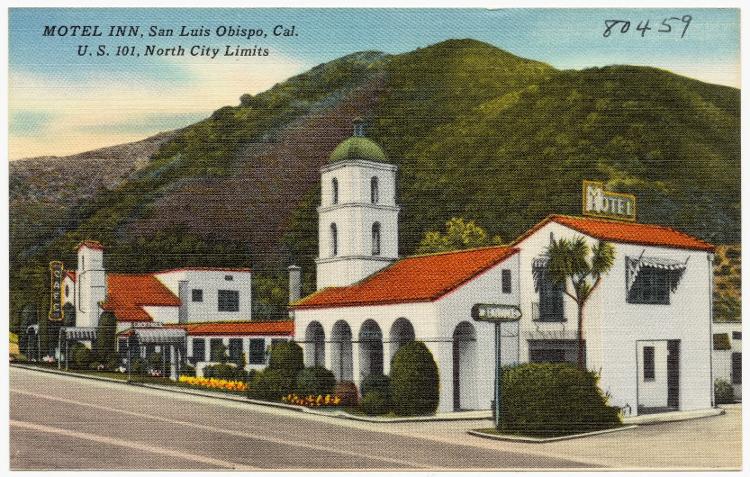 Cartão postal da Califórnia com o Motel Inn (ex-Milestone Mo-Tel) nos anos 40