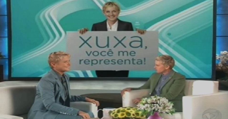 17.ago.2015 - Em um vídeo-montagem, Xuxa é entrevistada pela apresentadora norte-americana Ellen Degeneres na estreia do programa 