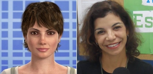 Montagem com a apresentadora virtual Eva Byte e a dona de sua voz, Helen Britto - Montagem/UOL - Montagem/UOL