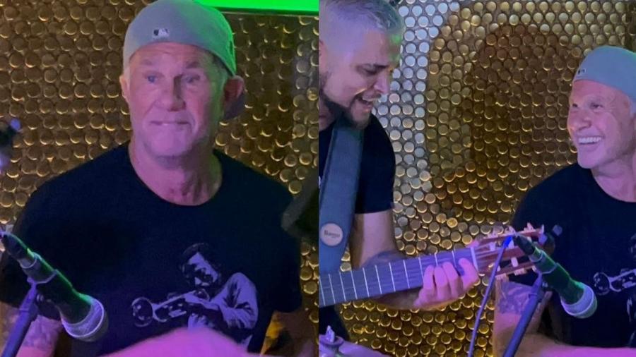 Chad Smith, o baterista do Red Hot Chili Peppers, ao lado de músico brasileiro