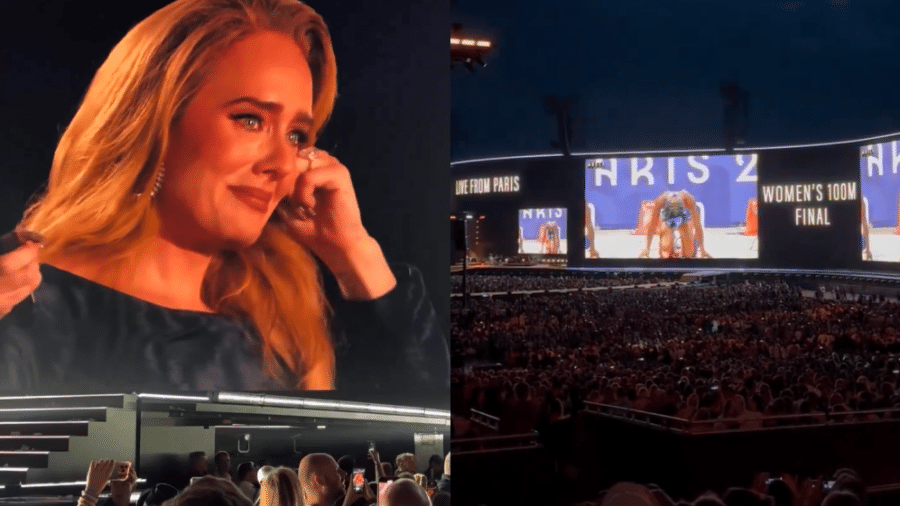 Adele mostra nos telões de seu show a final de 100m das Olimpíadas