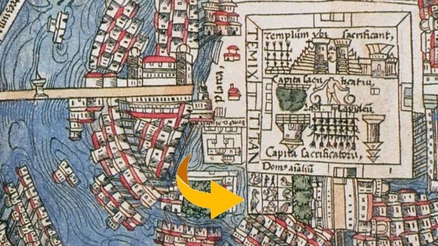 O Zoológico de Moctezuma no mapa de Tenochtitlan, publicado em Nuremberg em 1524 - BBC