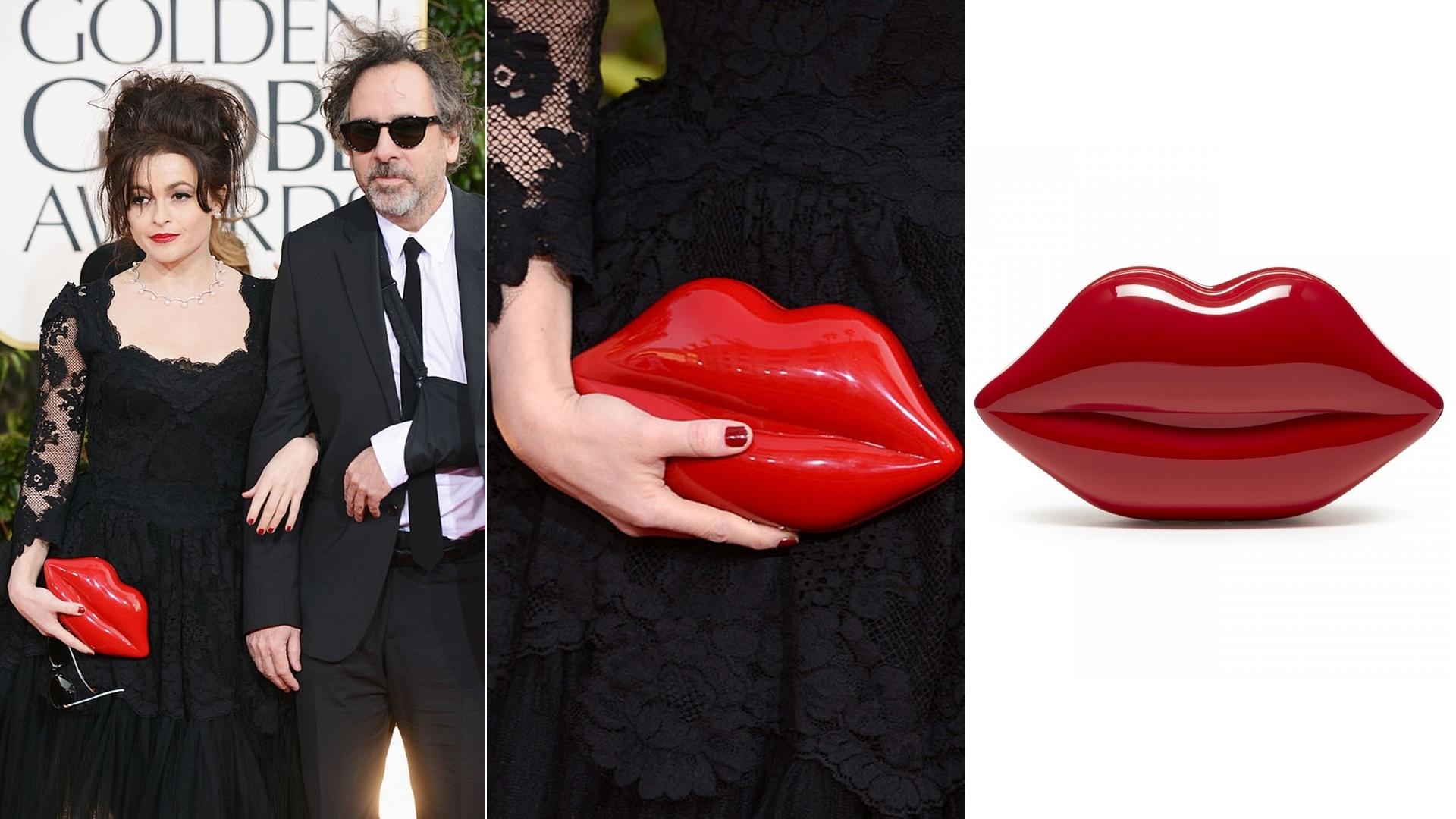 Helena Bonham Carter foi ao Globo de Ouro com o cineasta Tim Burton de um lado e uma clutch divertida de resina do outro. Na forma de uma boca, a peça desenhada por Lulu Guinness (www.luluguinness.com) tem versões com outros acabamentos, como glitter. A bolsa usada pela intérprete de Bellatrix Lestrange, em "Harry Potter", sai por 245 libras ou pouco mais de R$ 1.000 (cotação do dia 20.dez.2016) - Getty Images/ Divulgação/ Montagem UOL
