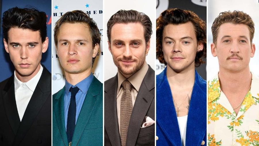 Da esquerda para a direita: Austin Butler, Ansel Elgort, Aaron Taylor-Johnson, Harry Styles e Miles Teller - Fotos: Divulgação/Montagem: THR