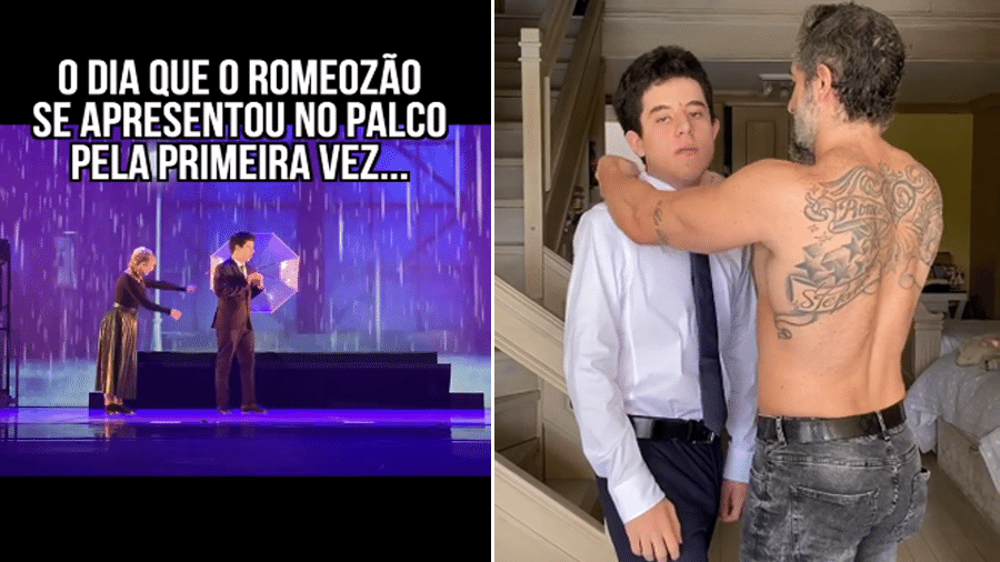 Romeo, filho de Marcos Mion se apresenta em musical de escola de teatro em São Paulo. Antes, se preparando para o espetáculo com ajuda do pai. - Reprodução/Instgram