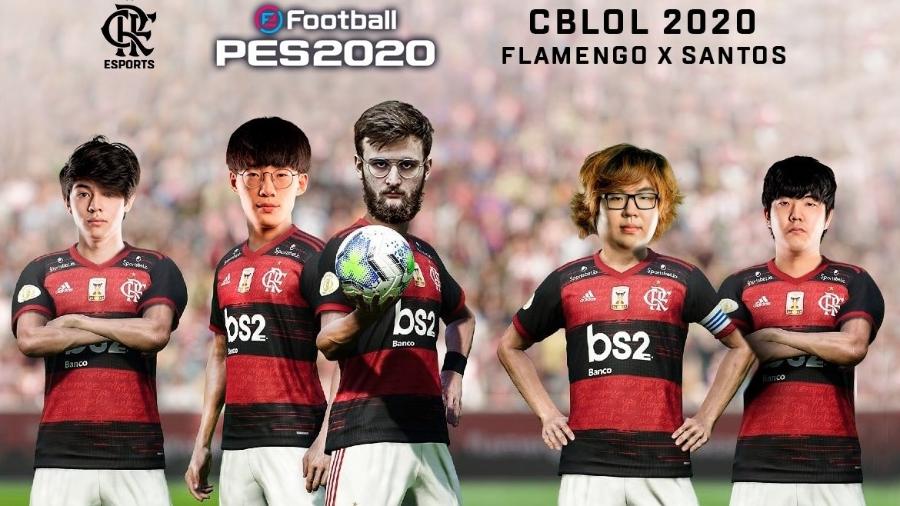 Montagem coloca os jogadores de LoL do Flamengo no corpo dos boleiros rubro-negros - Reprodução/Flamengo