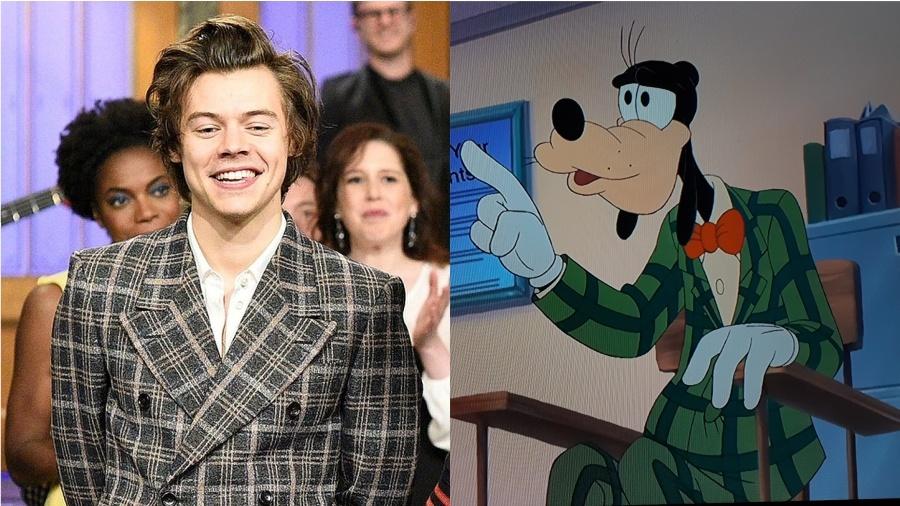 Harry Styles e Pateta são fãs de blazer; aqui, os dois ícones usam a peça em versão verde xadrez - Reprodução/Twitter