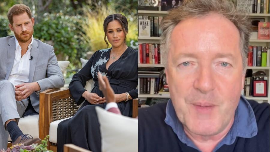 Harry e Meghan durante entrevista à Oprah; e Piers Morgan em vídeo no Instagram - Reprodução/Instagram