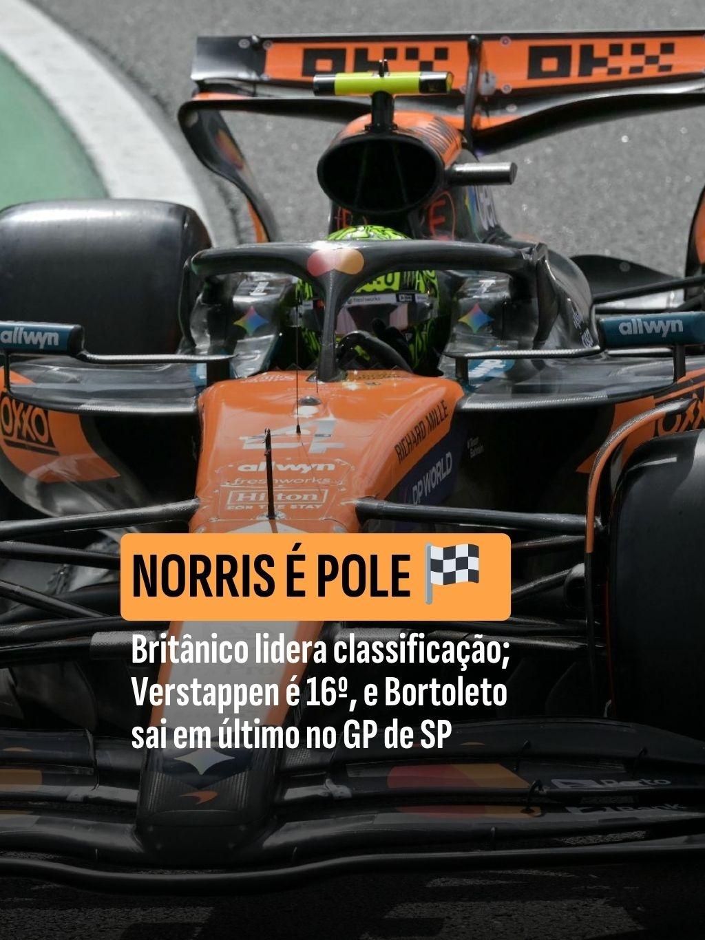Lando Norris é pole no GP de São Paulo da F1; Bortoleto larga em último após acidente