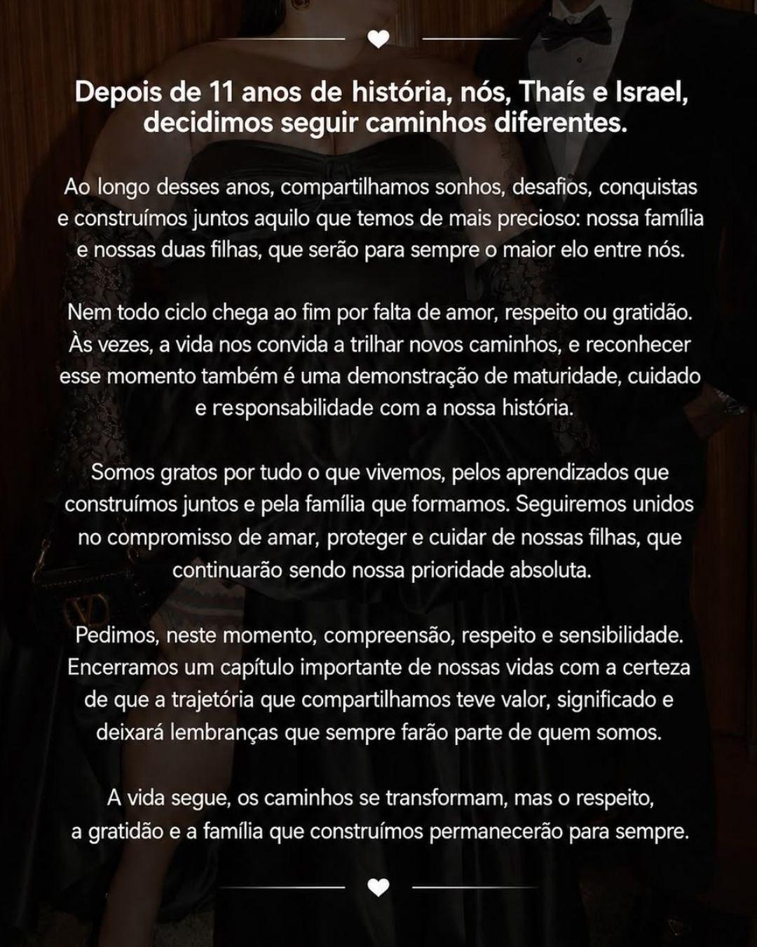 Thaís Carla anuncia separação do empresário Israel Reis após 11 anos - undefined