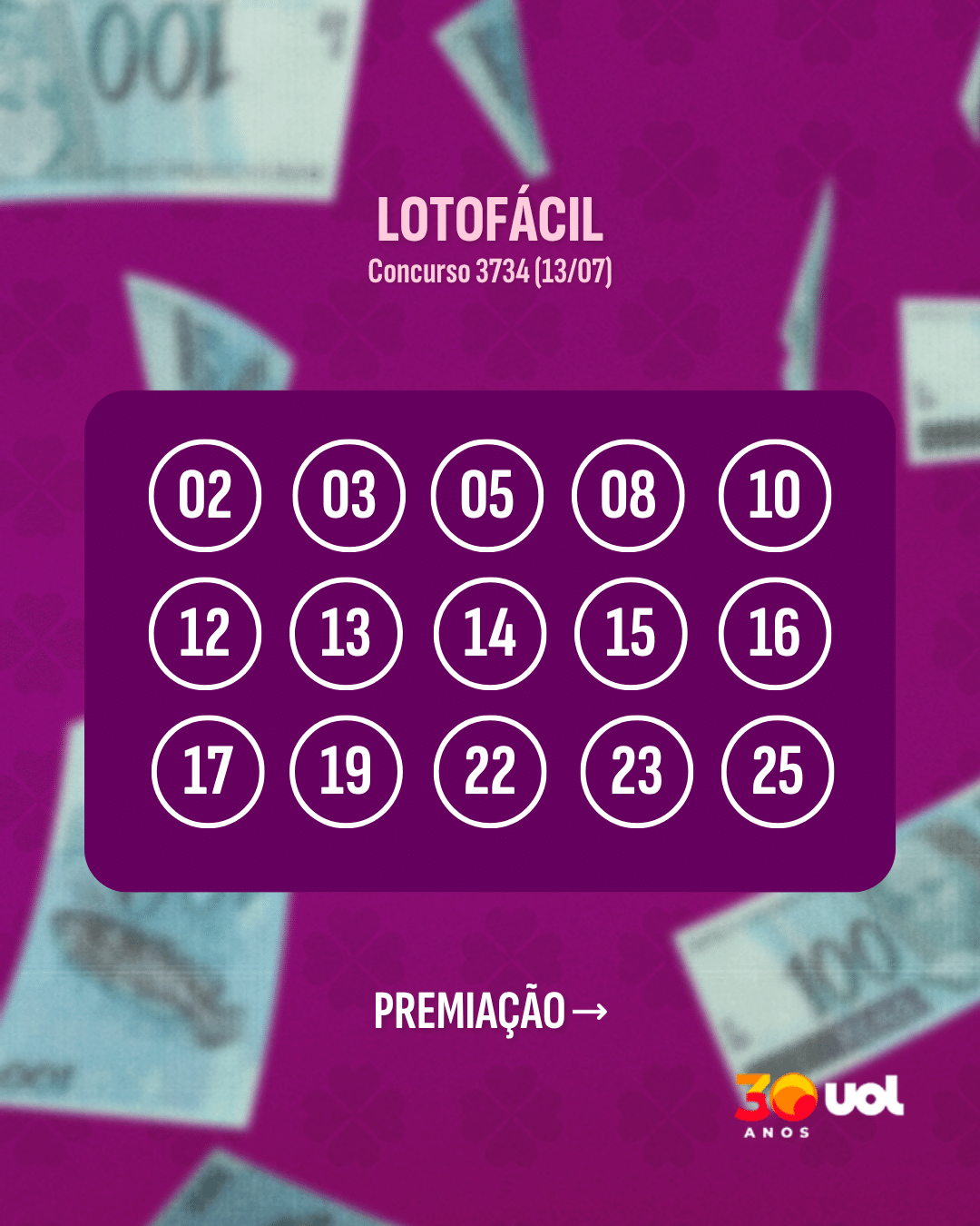 Números sorteados - Sorteio 3734 - 13-07-2026 - undefined