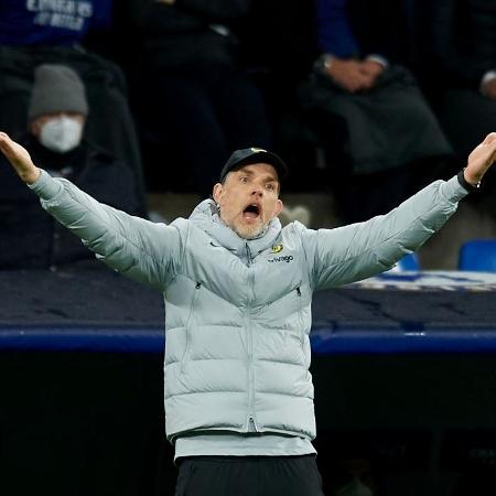 Thomas Tuchel reclama durante partida entre Real Madrid e Chelsea na Liga dos Campeões 2021-22 - Jose Breton/Pics Action/NurPhoto via Getty Images