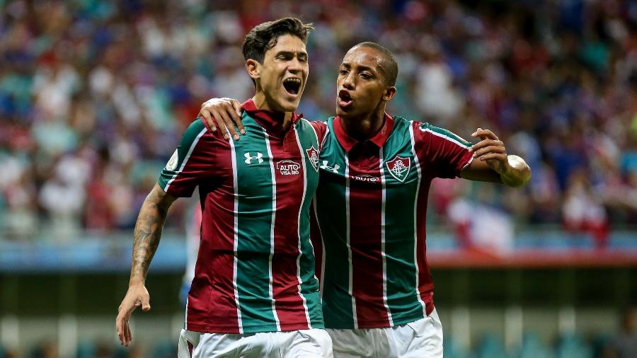 Pedro e João Pedro comemoram primeiro gol do Fluminense contra o Bahia - FOTO: LUCAS MERÇON / FLUMINENSE F.C.