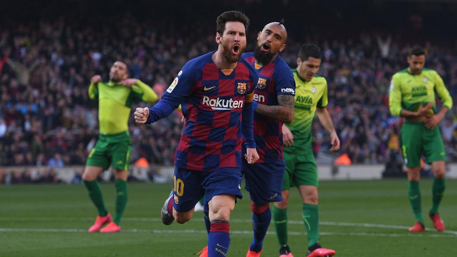 22.fev.2020 - Messi comemorando gol na partida entre Barcelona e Eibar - Josep Lago /  AFP
