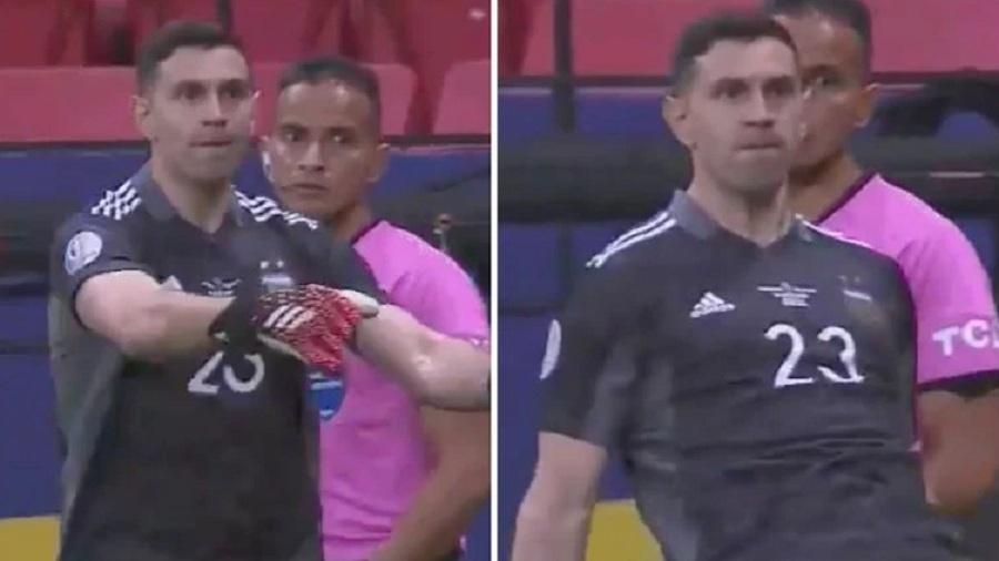 Martínez faz gestos ao colombiano Mina depois de defender pênalti - Reprodução TV