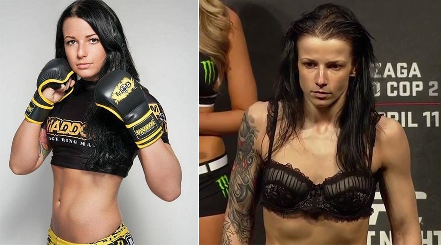 Izabela Badurek chamou muito a atenção ao tentar bater o peso palha. Abatida e muito magra, não conseguiu atingir o limite de 52 kg - Arte/UOL