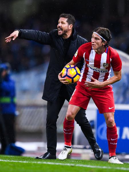 Filipe Luís e Diego Simeone, do Atlético de Madri - David Ramos/Getty Images