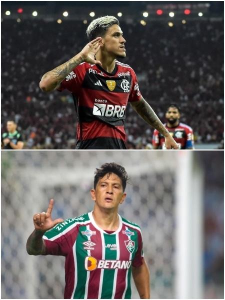 Pedro, do Flamengo, e Cano, do Fluminense, em comemoração de gols - Colagem de fotos de Thiago Ribeiro/AGIF e Fernando Torres/AGIF
