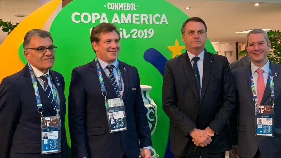 Fernando Sarney (primeiro, da esq. para dir.), Alejandro Dominguez, Jair Bolsonaro e Rogério Caboclo na Copa América 2019 - Reprodução/Twitter