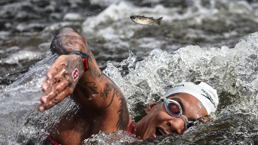 Ana Marcela Cunha, ouro na maratona aquática, nada e faz peixe saltar na baía de Tóquio - Jonne Roriz/COB