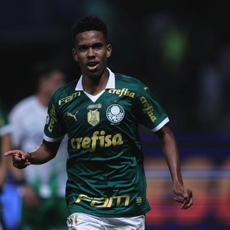 Estêvão comemora após marcar em Palmeiras x Juventude, jogo do Campeonato Brasileiro