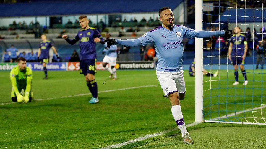 Gabriel Jesus comemora gol do Manchester City diante do Dínamo Zagreb pela Liga dos Campeões da Europa - Matthew Childs/Reuters